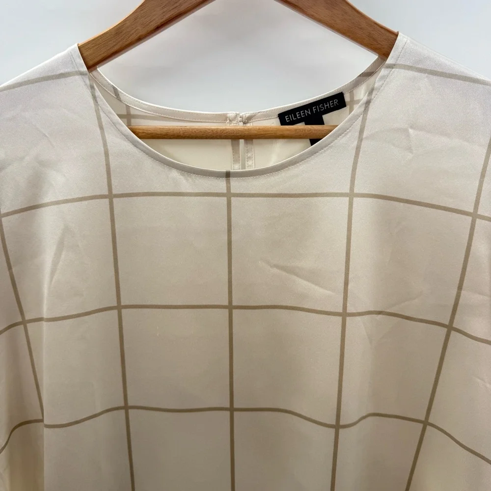 Eileen Fisher Silk Jewel Neck Short Sleeve Box Top Cream Blouse Size Large - Picture 3 of 13